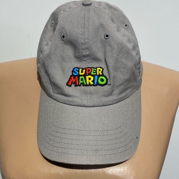 Super Mario Men's Gray Embroidered 6 Panel Buckled Baseball Cap Hat Adjustable - Picture 1 of 10